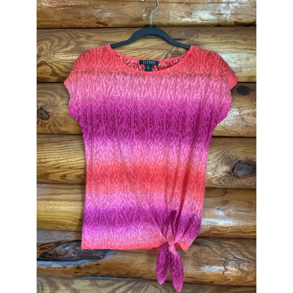 Lauren Ralph Lauren Womens Pink Orange Ikat Ombre Side Tie Knot Top Small‎